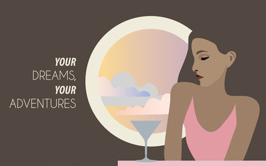 A tanned girl with dark hair is sitting by the window overlooking a pink cloudy sky.