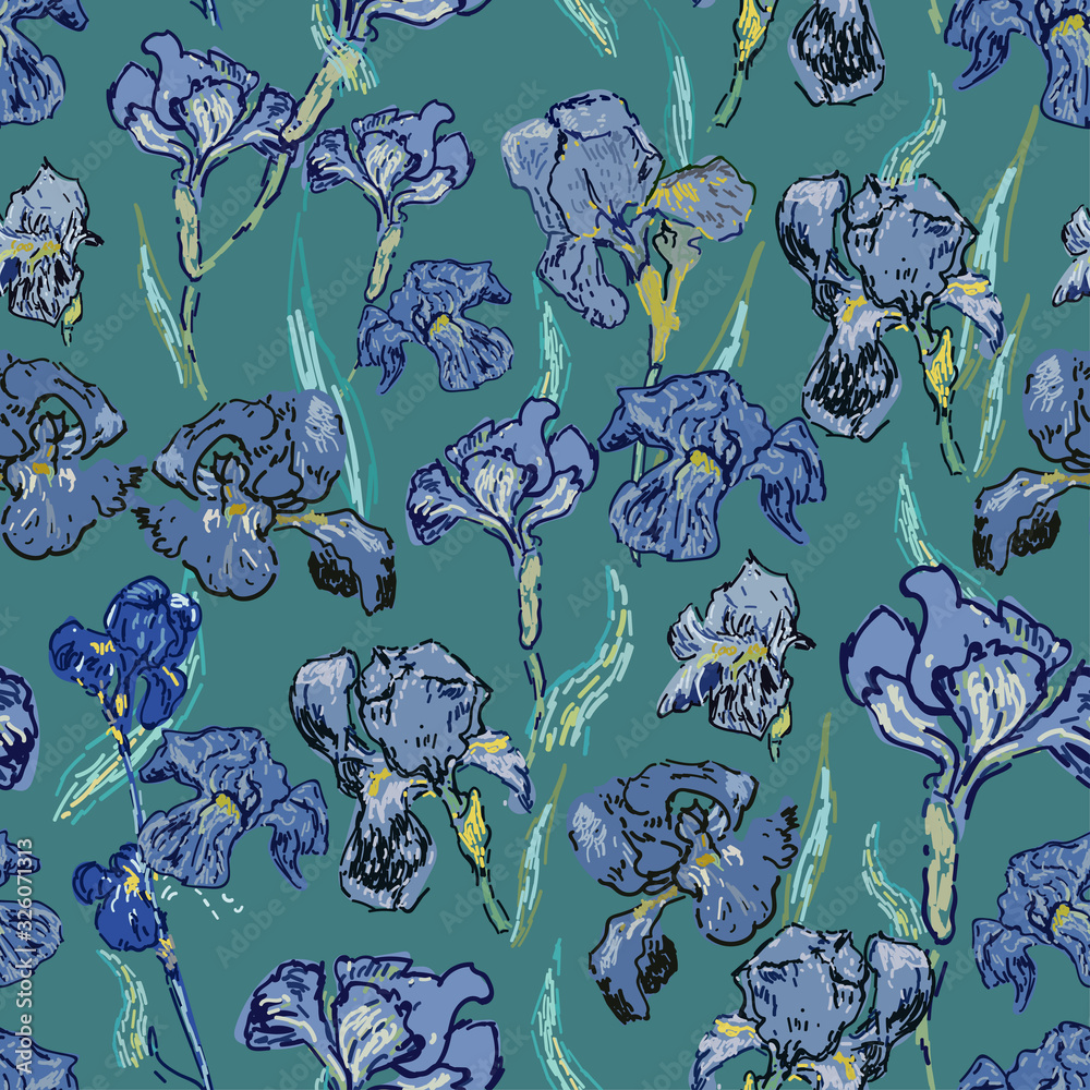 Wall mural Irises flowers. Vector illustration, seamless pattern based on the oil painting of Van Gogh.