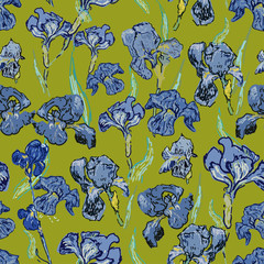 Irises flowers. Vector illustration, seamless pattern based on the oil painting of Van Gogh.