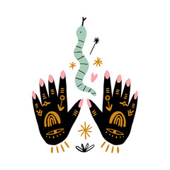 Hand drawn female witch hands with gold flash tattoo and snake. Print, sticker, patch. Vector EPS clip art