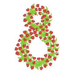 Numeral eight of spring flowers of red tulips in flat style isolated on white background. Stock vector illustration for decoration and design, packaging, postcard, web pages, Women's Day, poster