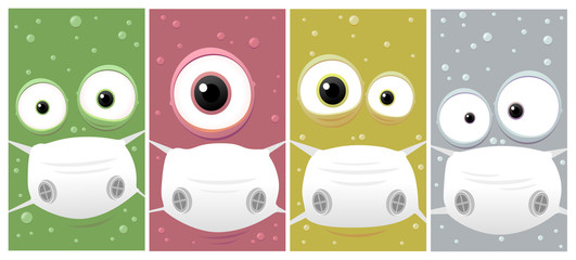 Vector cartoon virus faces with mask