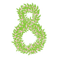 Numeral eight made of spring flowers and leaves flat style isolated on white background. Stock vector illustration for decoration and design, packaging, postcard, web pages, Women's Day, poster