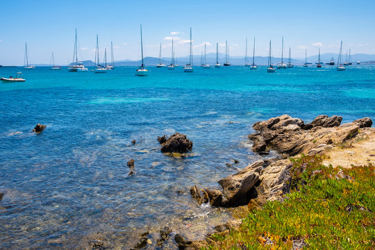 Golfo Aranci, Sardinia, Italy - Panoramic view of Golfo Aranci harbor by the yacht port - Marina di Golfo Aranci - at the Tyrrhenian Sea coast