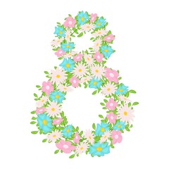 Figure eight from pastel spring and summer flowers in a flat style isolated on white background. Stock vector illustration for decoration and design, packaging, postcard, web pages, Women's Day