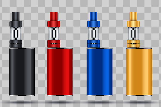 Set of Vaping box device kit and mod. Sample models. Vector illustration isolated on transparent background.