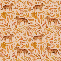 Watercolor seamless pattern with tiger and orange leaves. Wild animals and jungle background perfect for children parties, textile, wrapping, invitation, cards, wallpaper