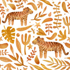 Fototapeta na wymiar Watercolor seamless pattern with tiger and orange leaves. Wild animals and jungle background perfect for children parties, textile, wrapping, invitation, cards, wallpaper