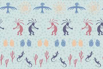 Folk, design with lizard, Kokopelli fertility deity, sun, eagle, cacti.