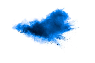 Blue color dust particles explosion cloud on white background.Color powder splash.