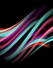 Silk smooth lines on black, liquid fluid color waves. Vector Illustration