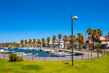 Golfo Aranci, Sardinia, Italy - Panoramic view of Golfo Aranci yacht port - Marina di Golfo Aranci...