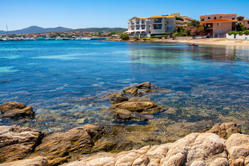 Golfo Aranci, Sardinia, Italy - Panoramic view of Golfo Aranci harbor and beach - Spiaggia di Golfo...