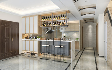 3d rendering scandinavian loft modern kitchen with dining area near stair