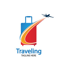 Travel logo, holidays, tourism, business trip company logo design. bag vector with airplane