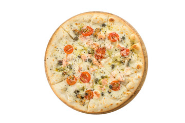 Delicious seafood pizza with salmon, capers and tomatoes on wooden board isolated on white background