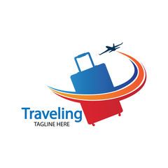 Travel logo, holidays, tourism, business trip company logo design. bag vector with airplane