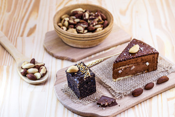 Chocolate cake with nuts, brownie with chestnut. Brazilian chocolate dessert with Brazil nuts. Known in Brazil as "Parál nut", an ingredient used in Brazilian cuisine.