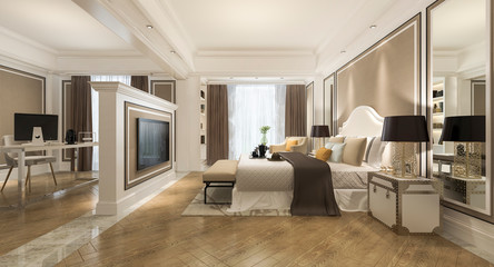 3d rendering beautiful classic luxury bedroom suite in hotel with tv and working table and european style furniture