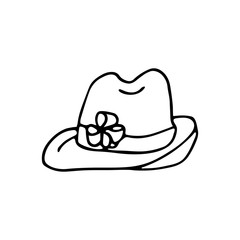 A beach sun hat decorated with a flower in doodle style. Hand drawn vector illustration in black ink on white background. Isolated outline.
