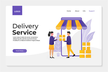 delivery service concept with people giving and receiving parcel. perfect for postmate app, courier website adn mobile website. vector illustration.