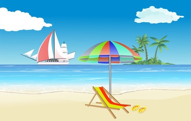 Ocean coast, sand beach, yacht. Bay, tropical beach. Vector background