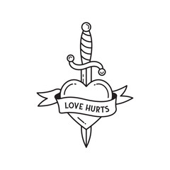 Dagger and heart tattoo with wording love hurts. Traditional tattoo heart and dagger old school tattooing style ink.