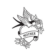 Swallow and roses tattoo with wording mother. Traditional tattoo flowers old school tattooing style ink.