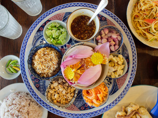 Miang kham with lotus or water lily. Miang kham is traditional snack appetizer from Thailand