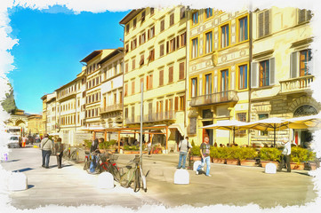 Fototapeta premium Imitation of a picture. Oil paint. Illustration. Florence, municipal landscape