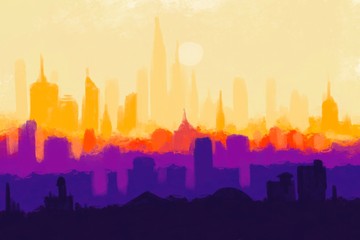 Painting of city at sunset