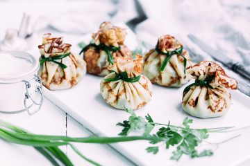 Pancakes with mushroom filling with sour cream