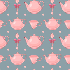 Vector pink tea pots and cups pattern