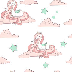 Sleeping unicorns seamless vector pattern. Clouds and rainbows around. Pastel colors