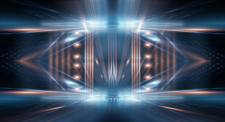 Obraz premium Background of empty show scene. Empty dark modern abstract neon background. Glow of neon lights on an empty stage, diodes, rays and lines. Lights of the night city.