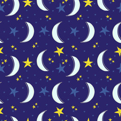 Obraz na płótnie Canvas Seamless pattern with a Crescent moon and stars on a blue background. Vector illustration of the night sky. Perfect for children's design, packaging, wrapping paper, textiles.