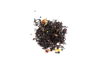 different sorts of black or green tea in bulk  on a white background close-up isolated