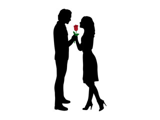 Fototapeta na wymiar Silhouette man in love gives rose to woman
