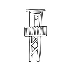 Lifeguard tower in doodle style. Hand drawn vector illustration in black ink on white background.  Isolated outline.