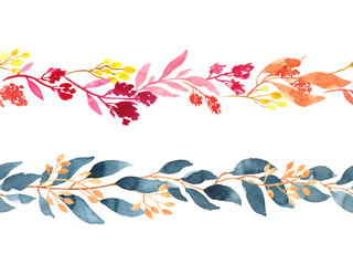 Floral seamless horizontal pattern. Cold and warm colored watercolor leaves