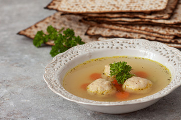 Traditional Matzah Ball Soup for Jewish Passover.