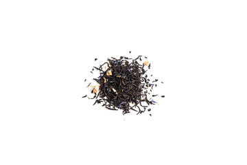 different sorts of black or green tea in bulk  on a white background close-up isolated