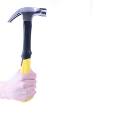 Hand holds hammer isolated on white background
