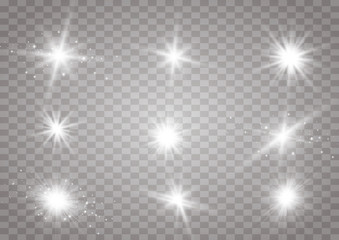White glowing light explodes on a transparent background. Sparkling magical dust particles. Bright Star. Transparent shining sun, bright flash. Vector sparkles. To center a bright flash.
