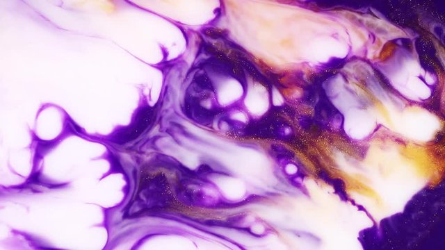 Fluid art. Abstract acrylic textures with flowing effect. Fancy fluid surface drawing. Creative backdrop with colourful paints mixed in abstract patterns. Purple, gold and white colour flow animation