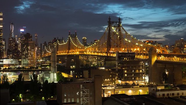 Queensboro Bridge on summer night. Time lapse shot. NYC, USA.