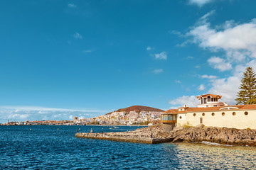 Landscape Tenerife island. Village on the coast. Canary Islands on a summer day. 