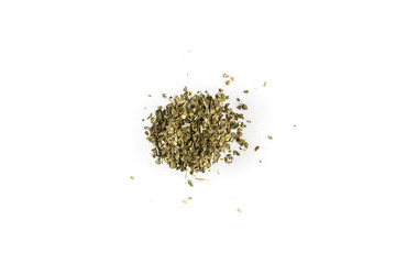 different sorts of black or green tea in bulk  on a white background close-up isolated