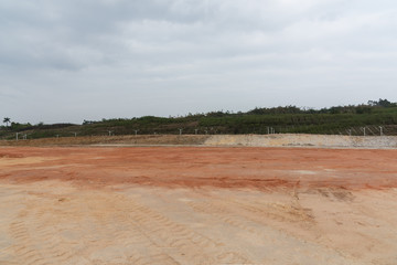Perspective view of open and level dirt ground