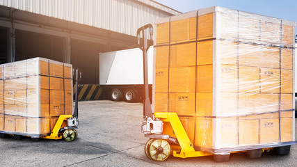 Naklejka premium Two large pallet shipment goods in warehouse, Road freight industrial delivery logistics and transport, truck loading cargo.